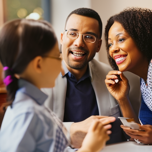 An image capturing a smiling parent and teacher engaged in a conversation, with thought bubbles displaying various communication tools like email, phone, and face-to-face meetings, emphasizing the importance of establishing clear channels for effective parent-teacher communication
