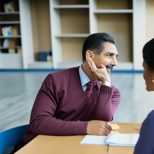 An image depicting a parent and a teacher engaged in a conversation, facing each other with attentive body language