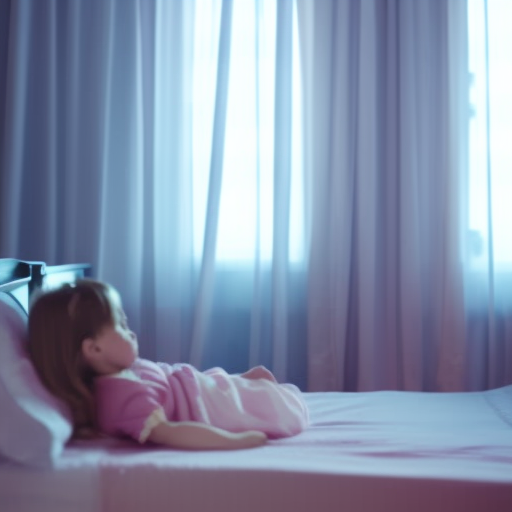 An image depicting a cozy bedroom at night, with a peaceful preschooler sleeping soundly in a bed adorned with soft, pastel-colored sheets