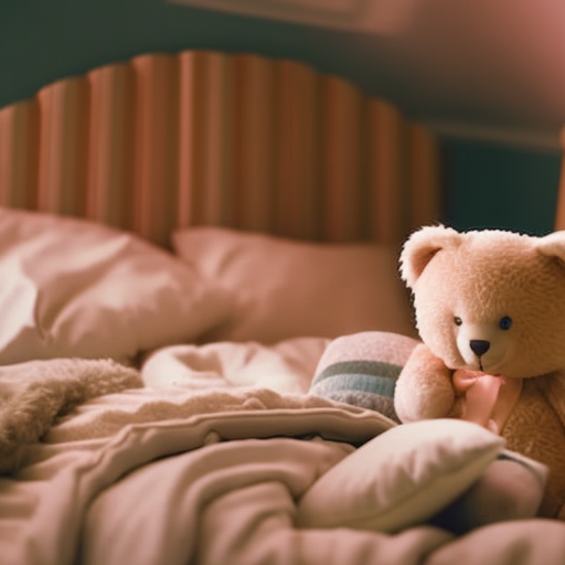 An image showcasing a serene and cozy sleep sanctuary for preschoolers: a dimly lit room with a soft plush rug, pastel-toned walls adorned with dreamy artwork, and a cuddly teddy bear resting on a tranquil, neatly made bed