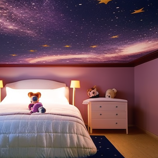 An image showcasing a serene bedroom scene, with soft, pastel-hued walls adorned by a starry night sky ceiling mural