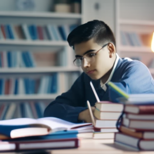 An image depicting a teenager sitting at a well-lit desk, surrounded by organized textbooks, a laptop displaying educational content, and colorful study materials, showcasing the ideal study environment for productive and focused learning