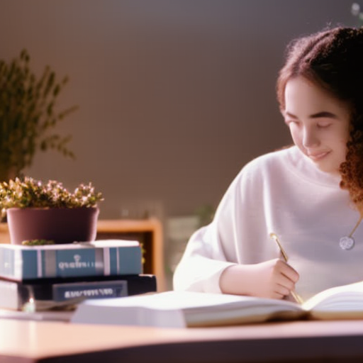 An image showcasing a serene teenager sitting at a well-organized desk, surrounded by calming elements like plants, a diffuser emitting essential oils, and a cozy blanket, illustrating the importance of self-care for successful studying