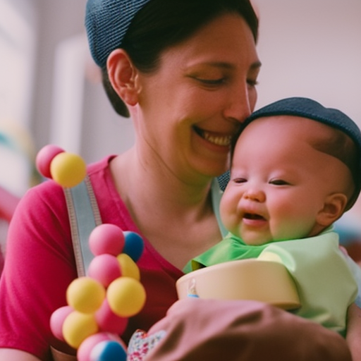 the resilience of parenthood amidst chaos: a tired but smiling parent cradling a sleeping baby in one arm, while skillfully multitasking with the other hand - juggling toys, a diaper bag, and a spilled cup of milk