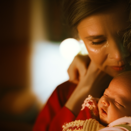 An image that depicts a worn-out parent, eyes heavy with fatigue, gently cradling a peacefully sleeping baby in their arms while a soft glow from a nightlight illuminates the room