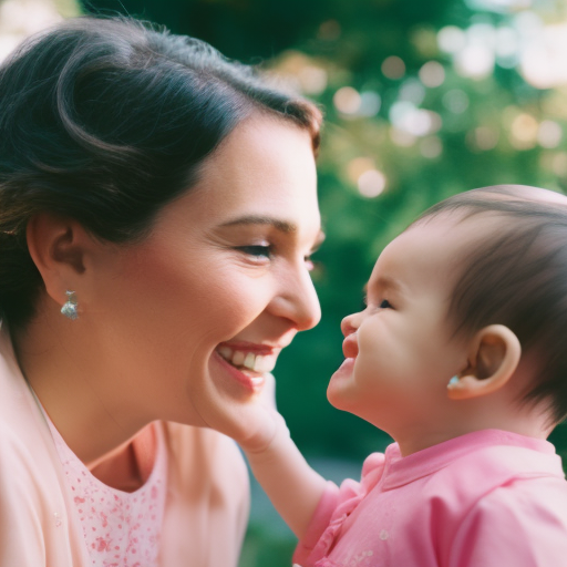 An image capturing the tender moment of a toddler, smiling and reaching towards their caregiver's face, while the caregiver reciprocates with a loving gaze, symbolizing the profound emotional connection and trust developed during early stages of childhood