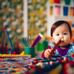 An image showcasing a bright and colorful playroom filled with various art supplies like paintbrushes, crayons, and paper