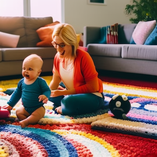 An image of a cozy living room with a smiling parent sitting on a colorful rug, surrounded by a variety of age-appropriate toys