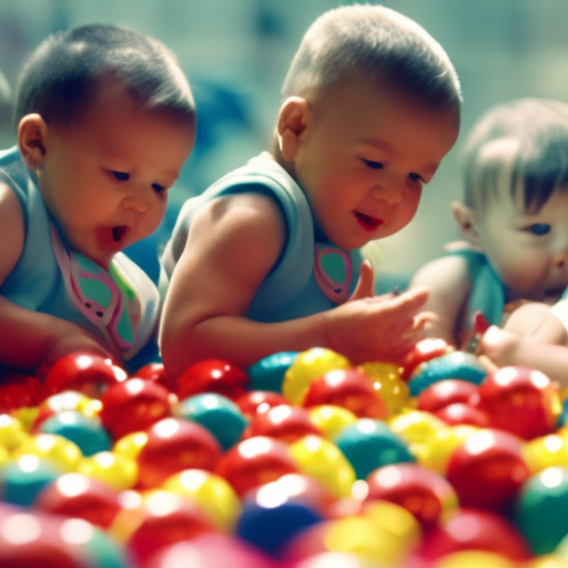 An image showcasing a group of infants joyfully engaged in a colorful ball pit, giggling and passing toys to each other, while maintaining eye contact and displaying genuine excitement during their social interaction