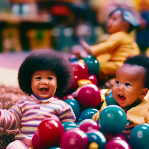 An image depicting two infants smiling and passing a colorful toy back and forth, surrounded by a group of diverse infants observing with excitement, fostering a sense of curiosity and encouraging peer interaction in social play