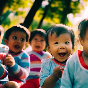 An image showcasing a group of cheerful infants engaged in social play, sharing toys and giggling together