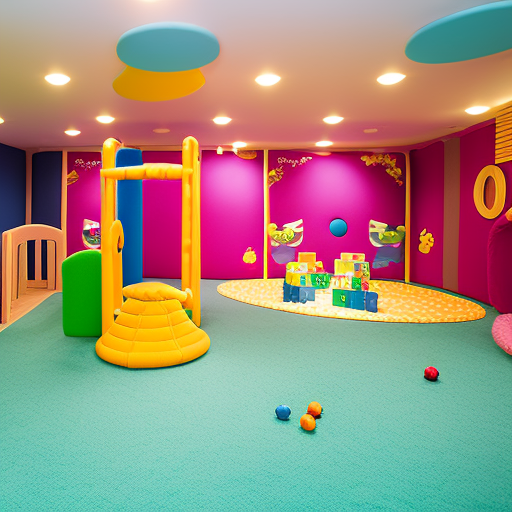  a vibrant image showcasing a well-padded, spacious playroom filled with soft toys, colorful play mats, and safely gated areas, encouraging infants to interact, explore, and engage in joyful social play