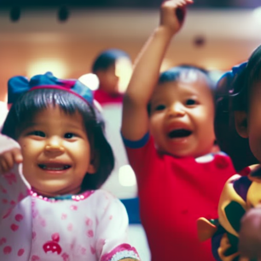 An image showcasing a group of smiling infants engaging in interactive play, such as passing toys, engaging in peek-a-boo, and sharing laughter, fostering their social skills and promoting positive social interactions