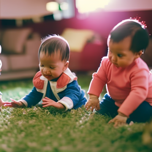 An image showcasing the joyous interaction between infants engaged in parallel play, as they happily engage in similar activities side by side, fostering their social skills and promoting a sense of togetherness