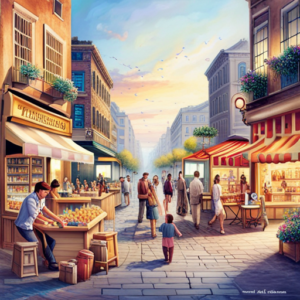 An image showcasing a vibrant marketplace bustling with young entrepreneurs, each displaying their unique products and services