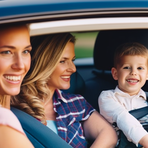 An image of a happy family of four buckled up in a spacious car, with parents securely strapping their children into car seats