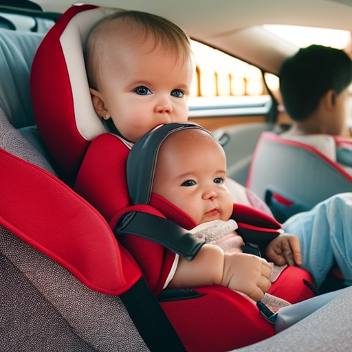 An image showcasing a convertible car seat with a rear-facing feature, displaying a snugly secured toddler comfortably seated, surrounded by plush cushioning, adjustable headrest, and reinforced side-impact protection