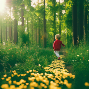the enchantment of a toddler's exploration in nature: A tiny hand reaches out to touch a delicate flower petal, while tiny feet navigate a path surrounded by towering trees and vibrant wildflowers