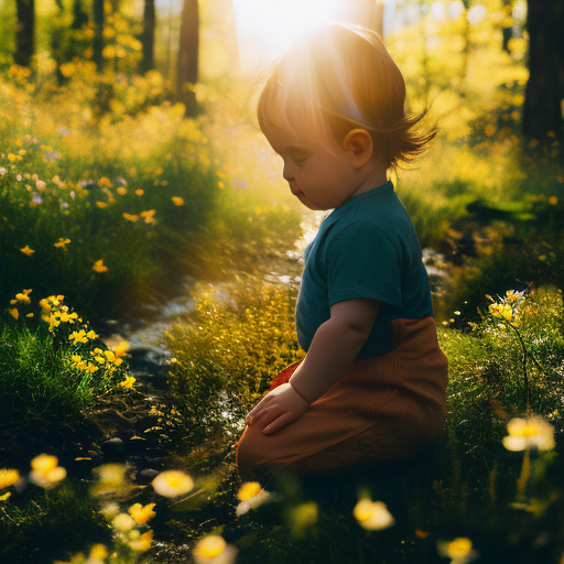 An image of a curious toddler kneeling beside a babbling brook, engrossed in inspecting a colorful array of wildflowers