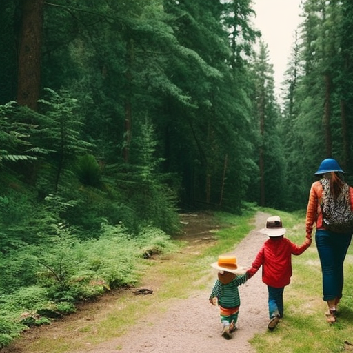 An image capturing a serene forest scene; a parent and toddler hand-in-hand, wearing sun hats and sturdy shoes, equipped with a backpack containing essentials like a first aid kit and bug spray, while smiling at each other with an expression of excitement and caution