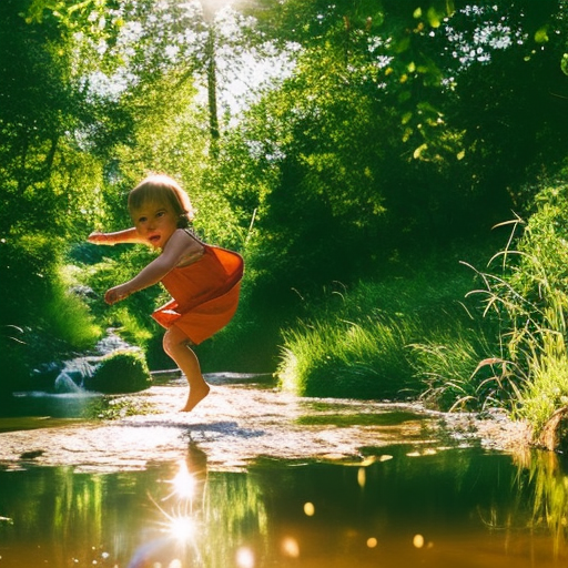 the joyous moment as your toddler leaps across a babbling brook, their little legs engaged in a triumphant mid-air kick