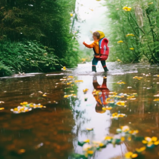  an image of a wide-eyed toddler, clad in rain boots and a tiny backpack, joyfully splashing through a crystal-clear stream, surrounded by towering trees and vibrant wildflowers, as sunlight peeks through the lush canopy above
