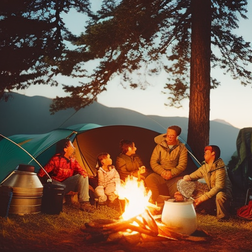 An image showcasing a family standing beside a campfire, surrounded by a well-organized array of camping gear: sturdy tents, cozy sleeping bags, compact cooking utensils, reliable lanterns, and foldable chairs, emphasizing the importance of choosing the right camping equipment
