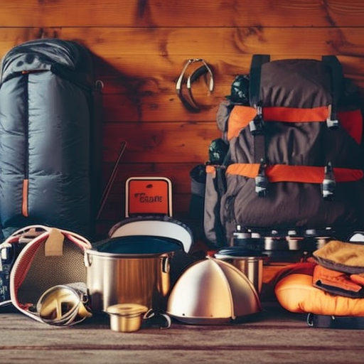 An image showcasing a well-organized camping gear checklist, with a neatly packed backpack, tent, sleeping bags, cooking utensils, and various essentials laid out against a rustic wooden background, ready for a family camping adventure