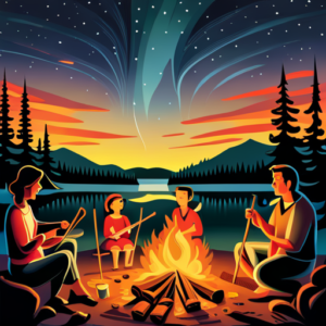 An image showcasing a family sitting around a cozy campfire in the wilderness, roasting marshmallows on skewers, with a tent pitched in the background and a star-filled sky above