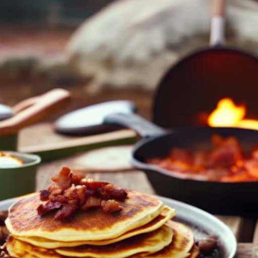 An image showcasing a cozy campfire scene with a cast-iron skillet sizzling with bacon and eggs, a stack of golden pancakes, and a pot of simmering homemade chili