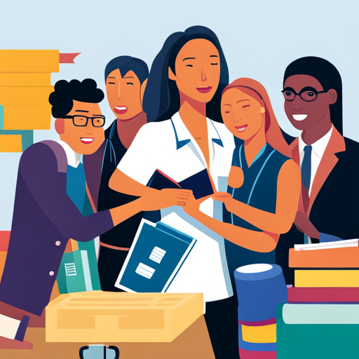 An image featuring a diverse group of high school students surrounded by stacks of books, laptops, and flyers