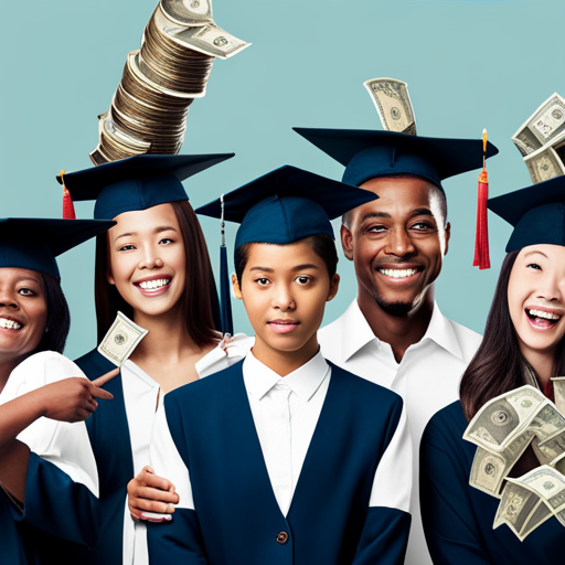 An image showcasing a diverse group of enthusiastic high school students surrounded by stacks of money and graduation caps, symbolizing their ability to maximize financial aid potential through FASFA