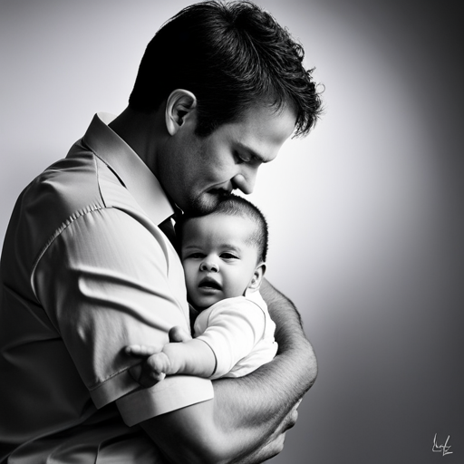 An image capturing the tender moment of a father gently cradling his baby, their eyes locked in a loving gaze