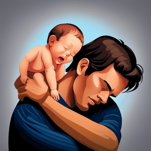An image depicting a father gently soothing his crying baby, as they both share a serene expression