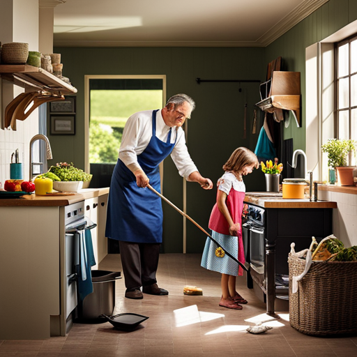 An image showcasing a father actively engaged in household chores, like cooking or cleaning, while his children observe