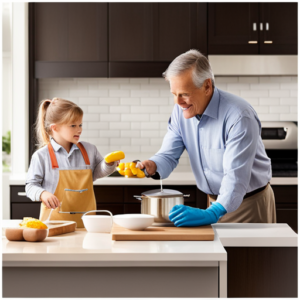An image that showcases a father actively engaged in various household tasks such as cooking, cleaning, caring for children, and fixing things, demonstrating his diverse and vital contributions to the family
