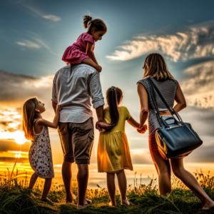 the essence of parental joy in a heartwarming image: a beaming mother and father, surrounded by a huddle of giggling children, their faces radiating pure happiness, as they embark on a carefree adventure together