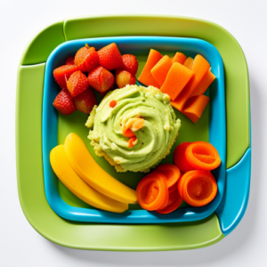 An image capturing a close-up view of a colorful highchair tray adorned with vibrant purees, including mashed avocado, steamed carrots, and mashed banana, representing a delightful array of first foods for baby