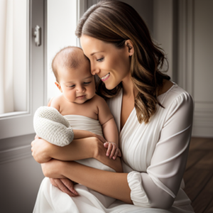 An image capturing the tender bond between a first-time mom and her newborn as she cradles them in her arms, their faces close, while her radiant smile conveys the joy and fulfillment of breastfeeding