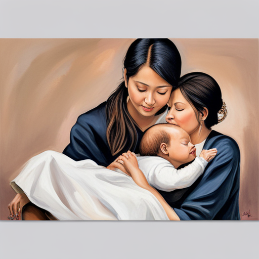 An image depicting a mother tenderly cradling her newborn, while her partner lovingly supports them from behind