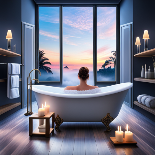 An image depicting a serene bathroom scene with soft lighting, showcasing a fragrant bubble bath surrounded by candles