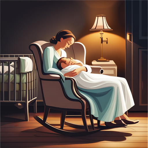 An image depicting a worn-out first-time mom dozing off on a cozy rocking chair in a dimly lit nursery, while her peacefully sleeping newborn lies in a nearby crib, highlighting the importance of managing sleep deprivation during postpartum