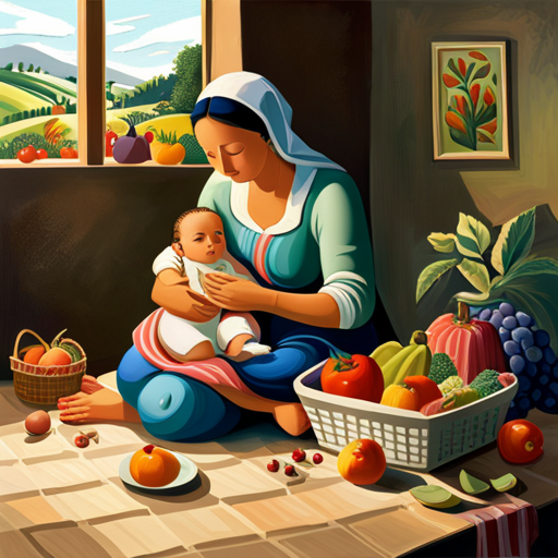 An image of a serene mother sitting cross-legged, surrounded by an array of colorful fruits and vegetables