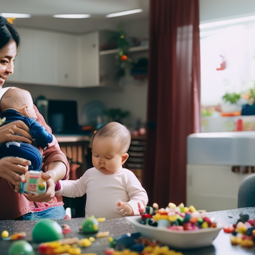 An image of a parent effortlessly multitasking - cradling a baby in one arm while cooking with the other, surrounded by toys scattered around the room