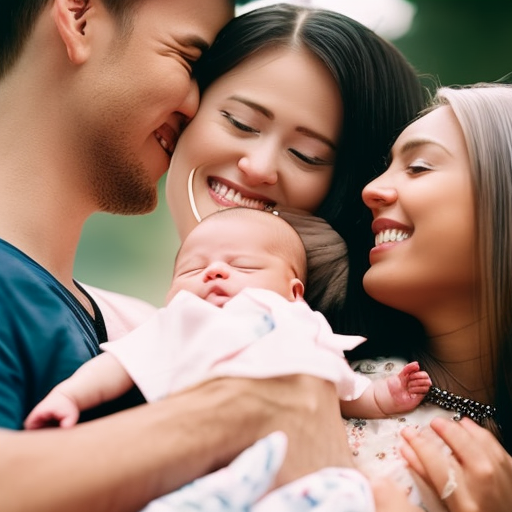 An image depicting a young couple surrounded by a loving circle of family members, all joyfully engaging with their newborn