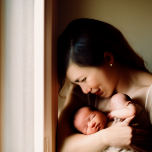 An image capturing the tender moment of a first-time parent cradling their newborn, bathed in soft, warm light streaming through a window, symbolizing the journey of first-time parenting with a feeling of love, wonder, and vulnerability