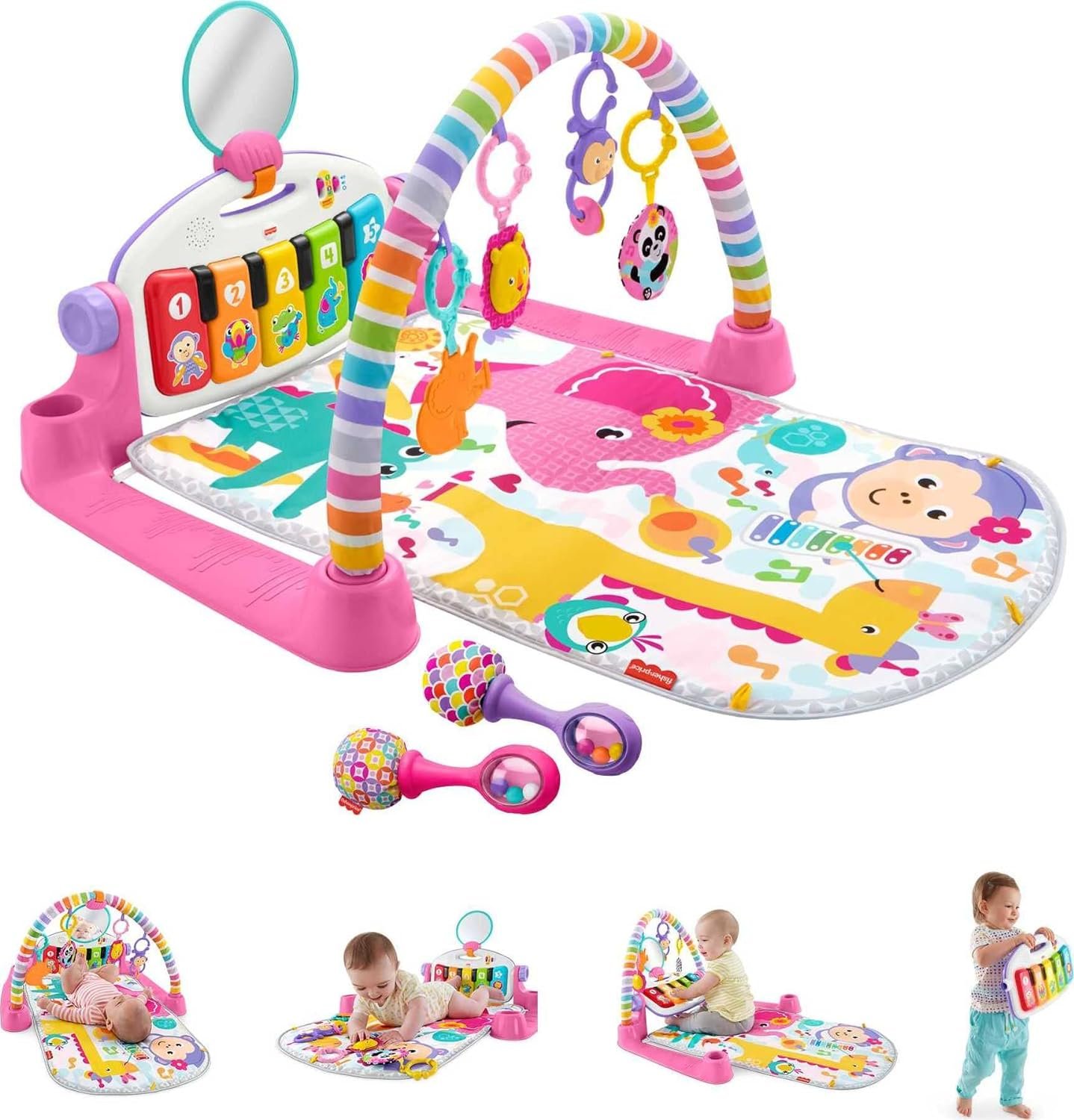 Fisher-Price Baby Gift Set Deluxe Kick  Play Piano Gym  Maracas,Playmat  Musical Toy with Smart Stages Learning Content plus 2 Rattles (Amazon Exclusive)