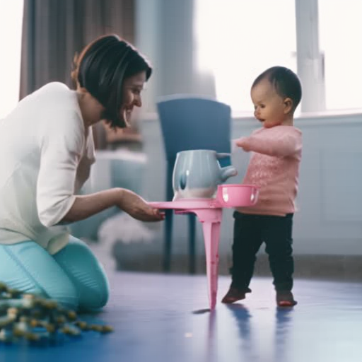 An image capturing a toddler standing on a stepping stool, confidently pouring milk into a cup, while a parent watches with a supportive smile, showcasing the empowering act of encouraging age-appropriate independence