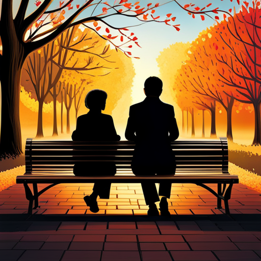 An image capturing two figures sitting side by side on a park bench, one with a cautious yet hopeful expression, the other extending a hand of friendship