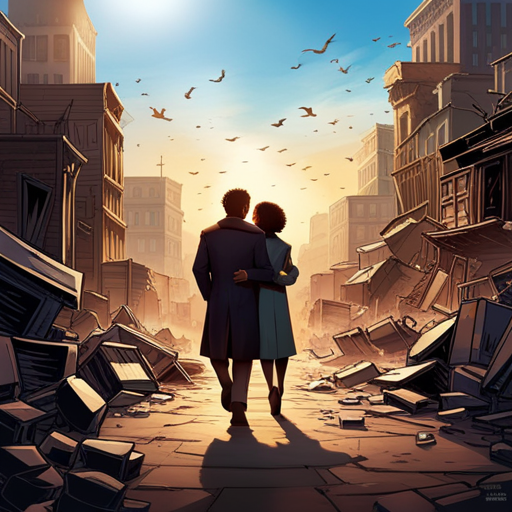 An image depicting two diverse characters, once enemies, now side by side, smiling genuinely, surrounded by shattered walls and discarded labels, symbolizing a journey of friendship, unity, and the triumph of breaking down barriers